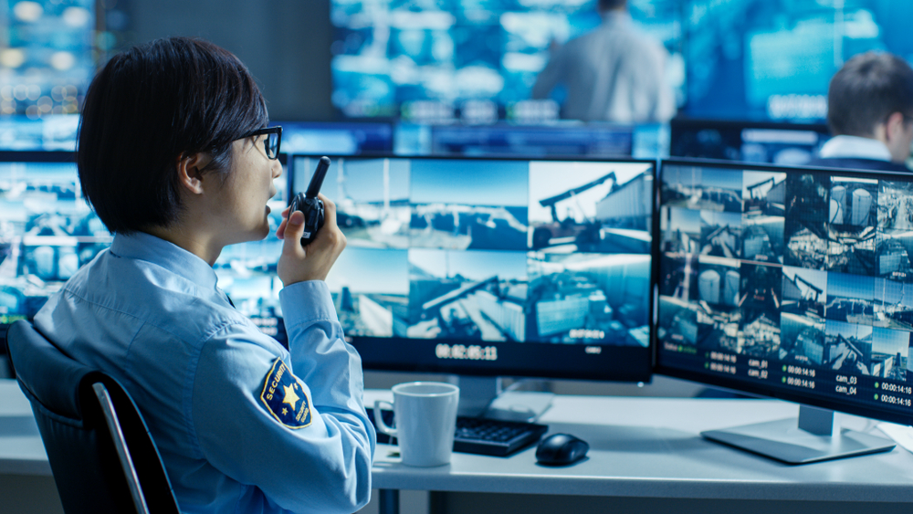 In,The,Security,Control,Room,Officer,Monitors,Multiple,Screens,For